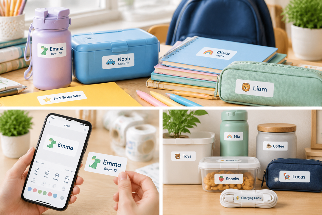 Custom name labels on school supplies, mobile app label editing, household storage and cable organization stickers