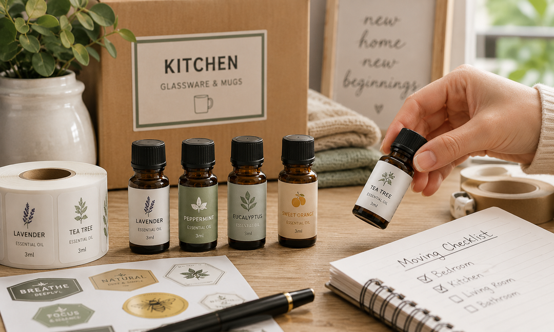 3ml essential oil bottles with labels on a home workspace.