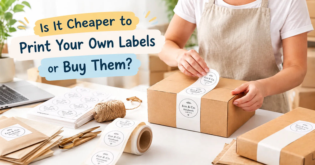 Small business owner applying labels to kraft packaging while comparing label printing options