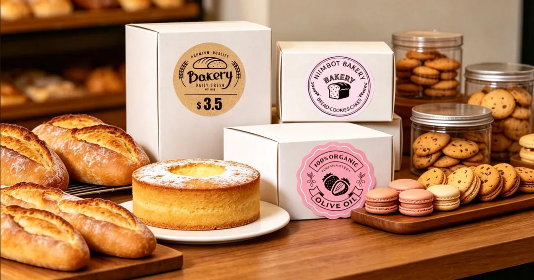 Bakery scene with fresh bread, cake, macarons 