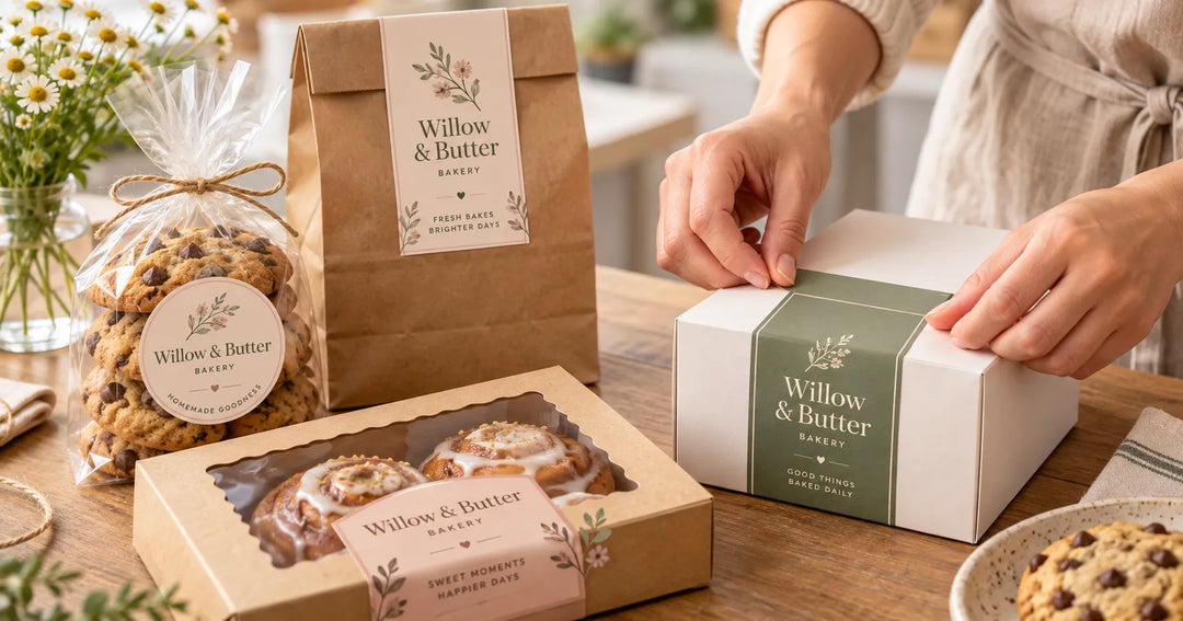 Small bakery packaging with custom labels on boxes and bags