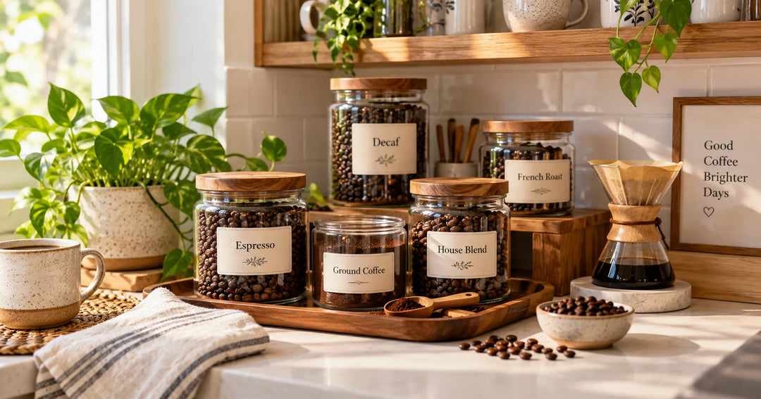 Glass coffee jars with labeled coffee beans and grounds arranged on a warm kitchen counter