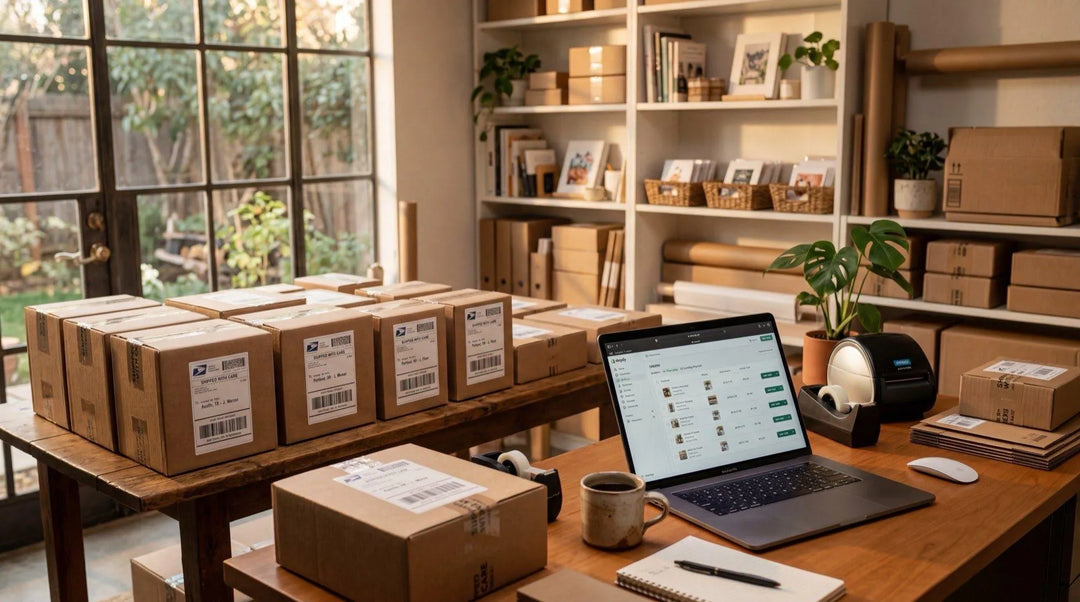 Small business owner applying shipping labels to UPS packages