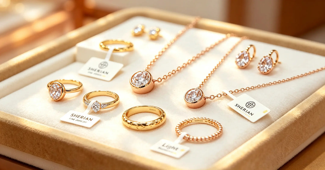 Gold diamond jewelry set with price tags in velvet tray.