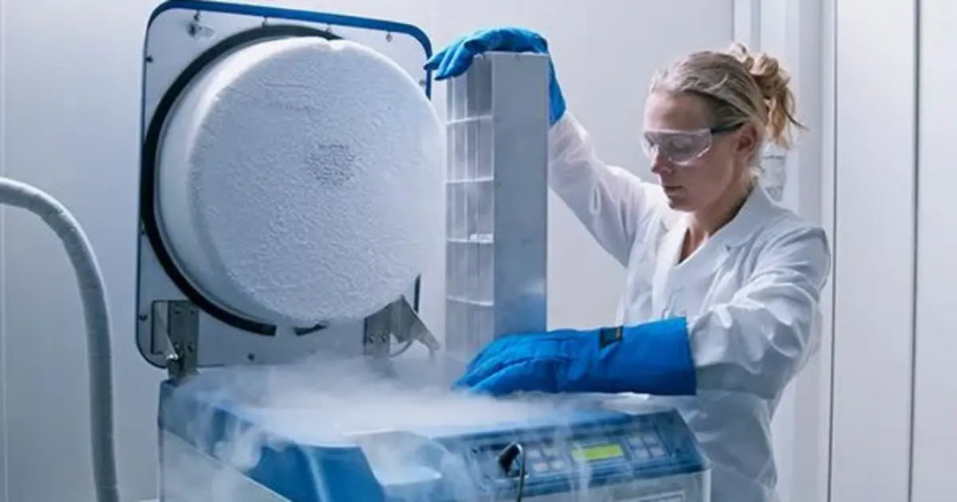 Female lab technician working with liquid nitrogen cryogenic freezer