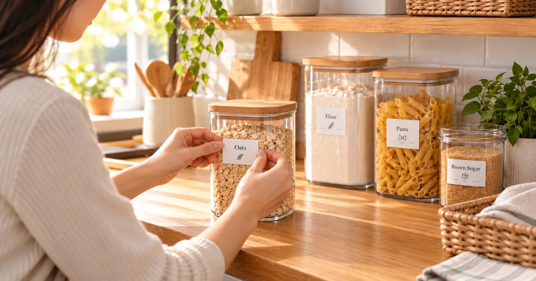 Woman labeling pantry jars for organized home storage