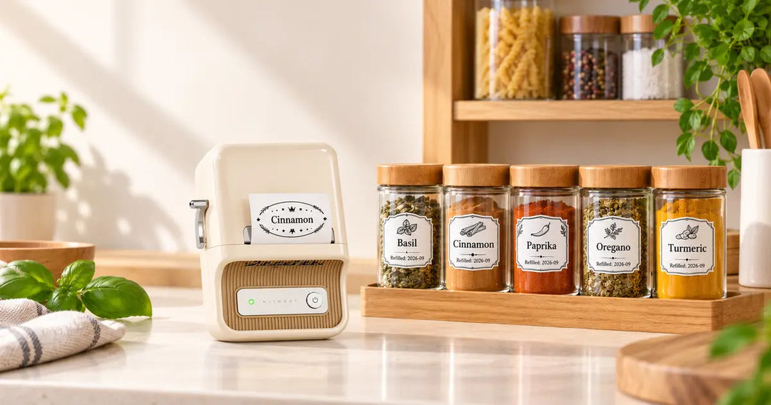 NIIMBOT B21 beside labeled spice jars