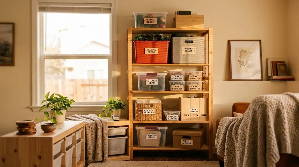 Labeled storage bins neatly arranged on wooden home shelf