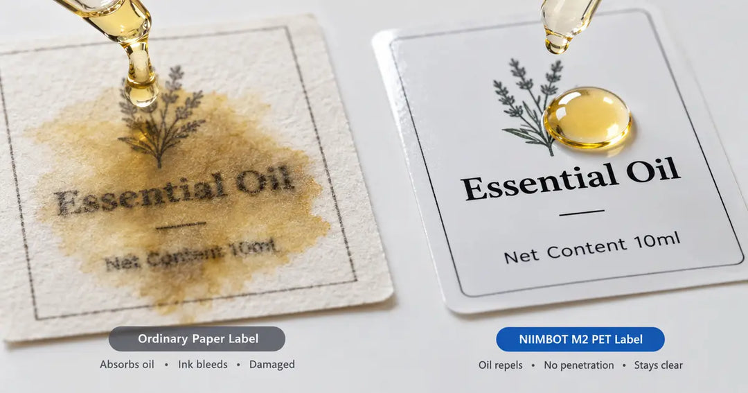 Oil resistance test: ordinary paper label vs NIIMBOT M2 PET oil-proof label