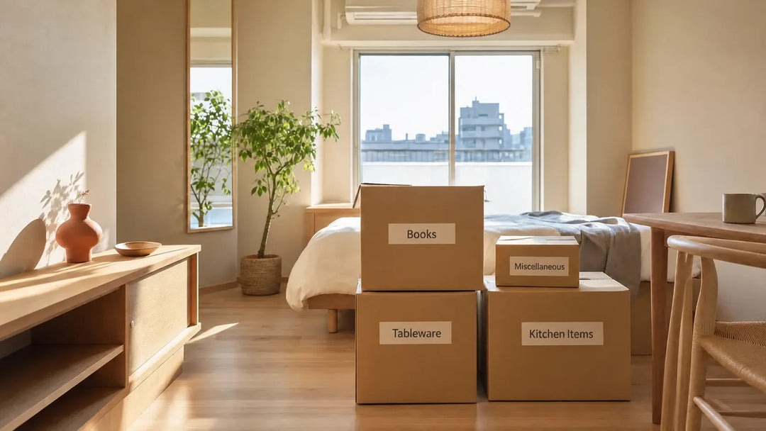 Printable storage labels on organized moving boxes