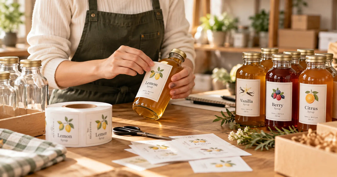 Small business owner labeling bottles for a small batch