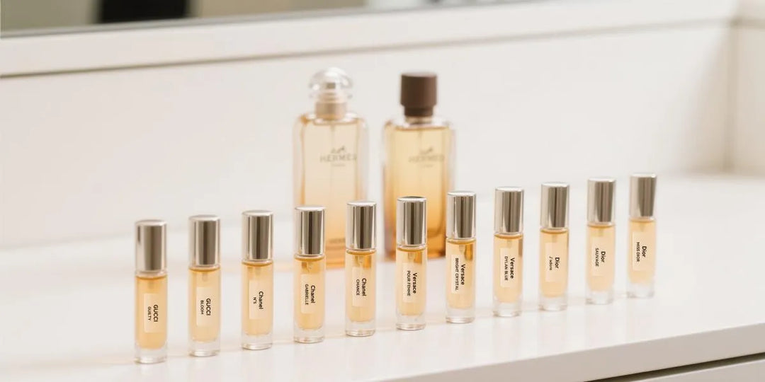 Mini perfume bottles with custom printed labels on white countertop