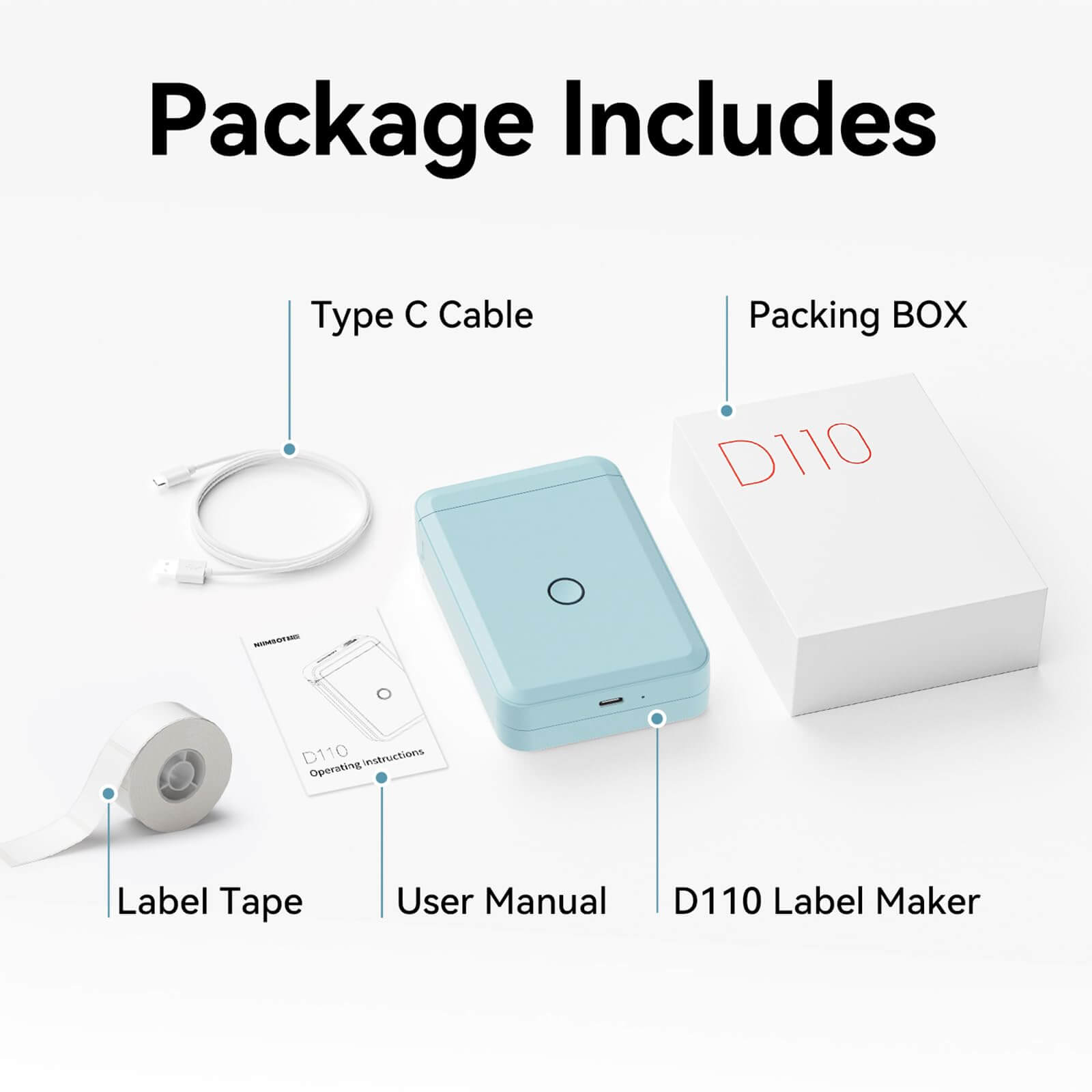 D110 Portable Rechargeable Mini Label Printer with Tape White