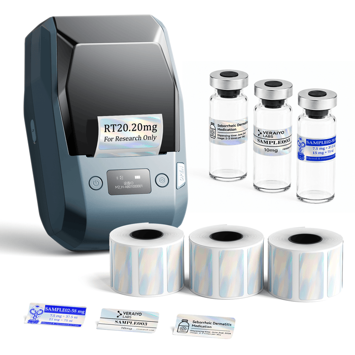 Lake Blue NIIMBOT M2 label printer with 3 rolls of 40 x 20 mm holographic labels