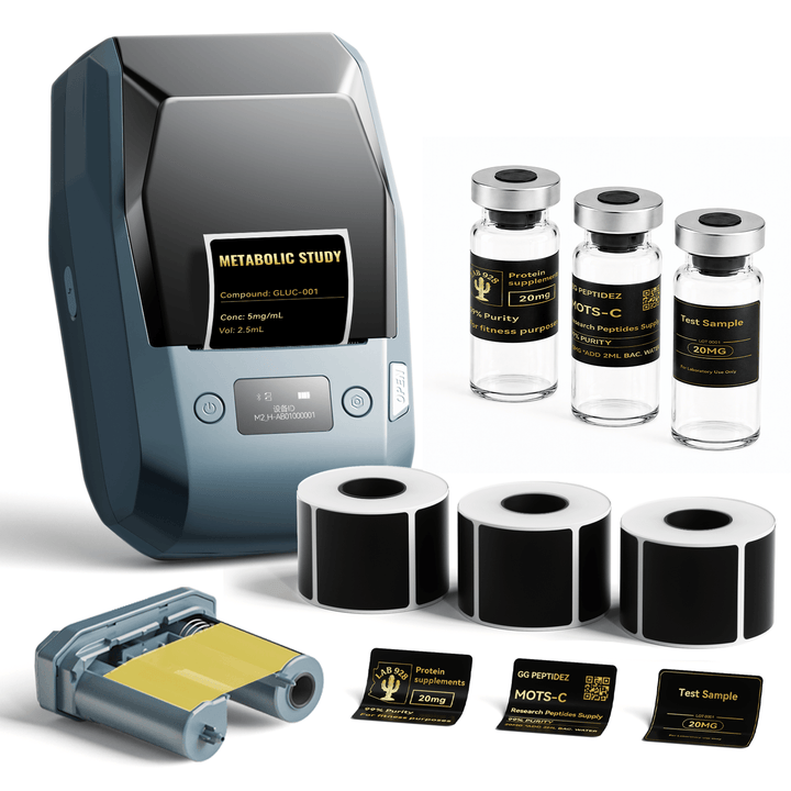  | Lake Blue NIIMBOT M2 label printer with 3 rolls of 40 x 40 mm gloss black labels and 1 extra gold ribbon