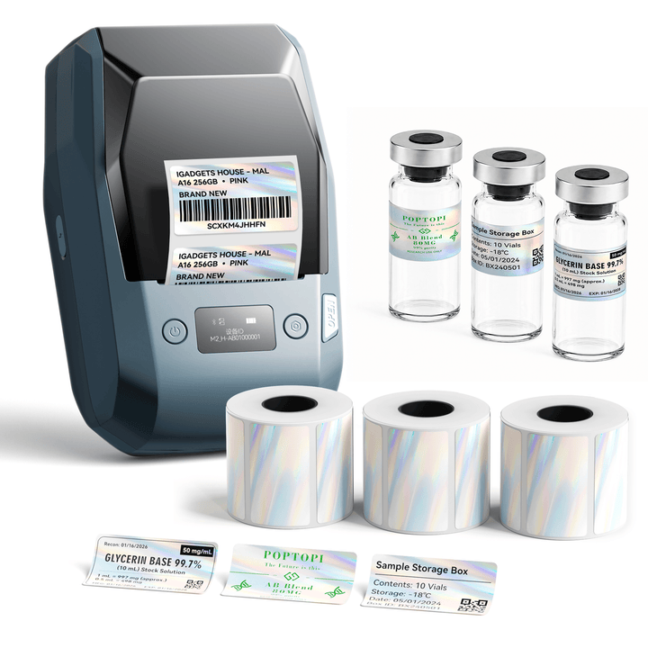 Lake Blue NIIMBOT M2 label printer with 3 rolls of 50 x 30 mm holographic labels