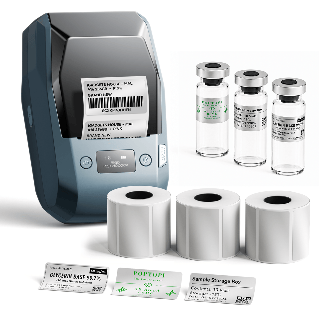 Lake Blue NIIMBOT M2 label printer with 3 rolls of 50 x 30 mm silver labels