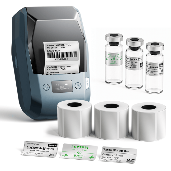 Lake Blue NIIMBOT M2 label printer with 3 rolls of 50 x 30 mm silver labels