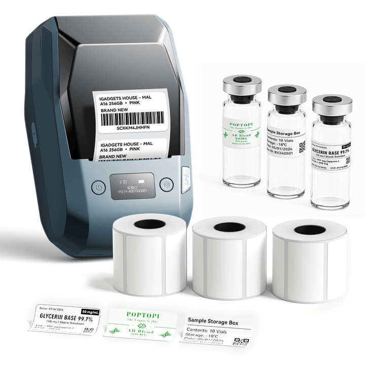 Lake Blue NIIMBOT M2 label printer with 3 rolls of 50 x 30 mm white labels