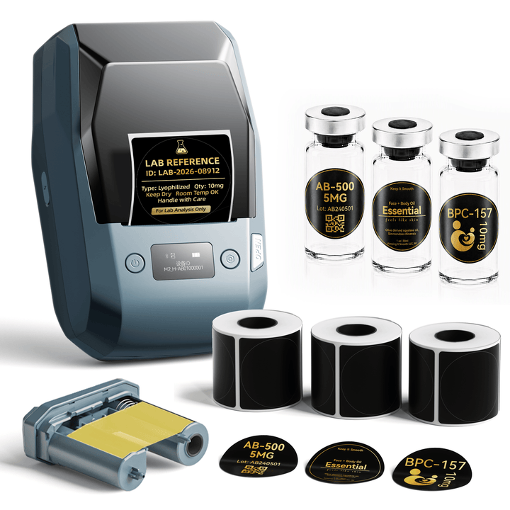 Lake Blue NIIMBOT M2 label printer with 3 rolls of 50 x 50 mm gloss round black labels and 1 extra gold ribbon