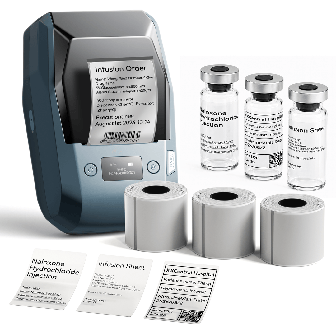 Lake Blue NIIMBOT M2 label printer with 3 rolls of 50 x 80 mm clear labels