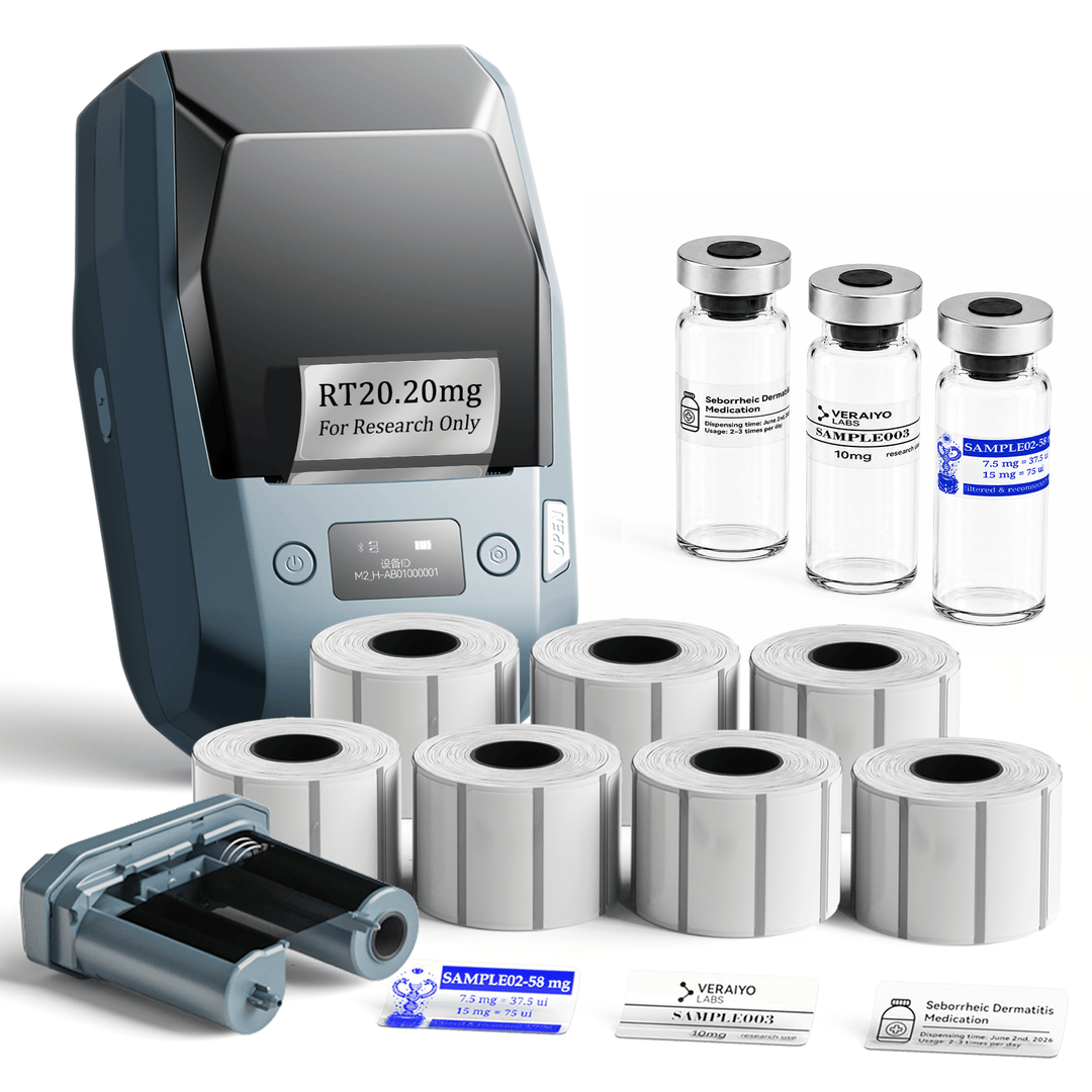 Lake Blue NIIMBOT M2 label printer with 7 rolls of 40 x 20 mm clear labels and 1 extra black ribbon