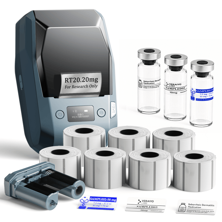 Lake Blue NIIMBOT M2 label printer with 7 rolls of 40 x 20 mm clear labels and 1 extra black ribbon