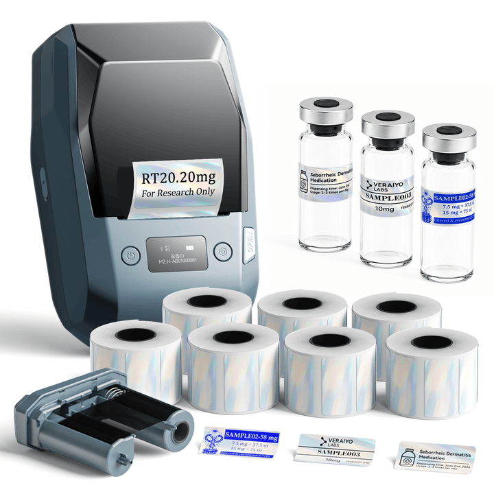 Lake Blue NIIMBOT M2 label printer with 7 rolls of 40 x 20 mm holographic labels and 1 extra black ribbon