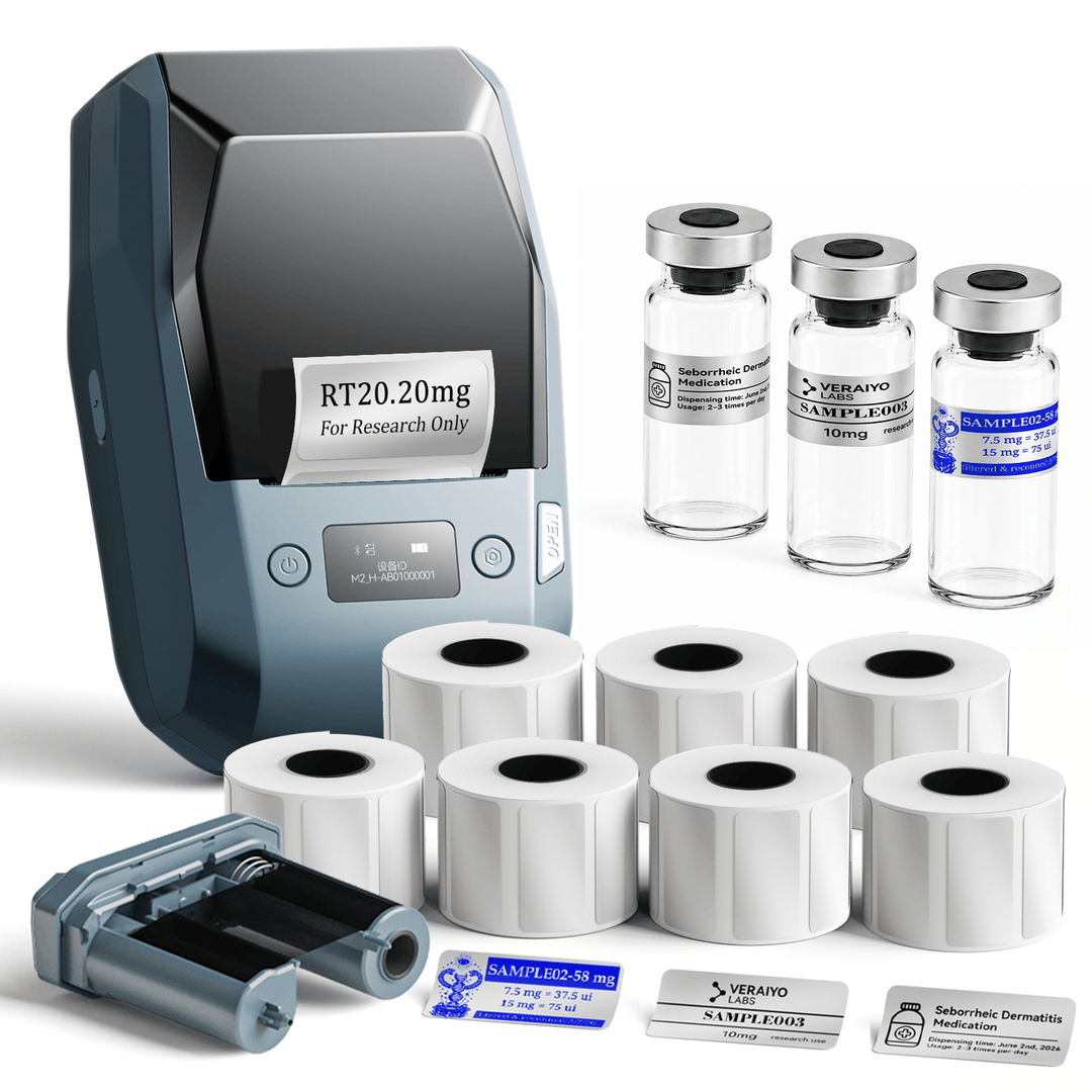 Lake Blue NIIMBOT M2 label printer with 7 rolls of 40 x 20 mm matte silver labels and 1 extra black ribbon