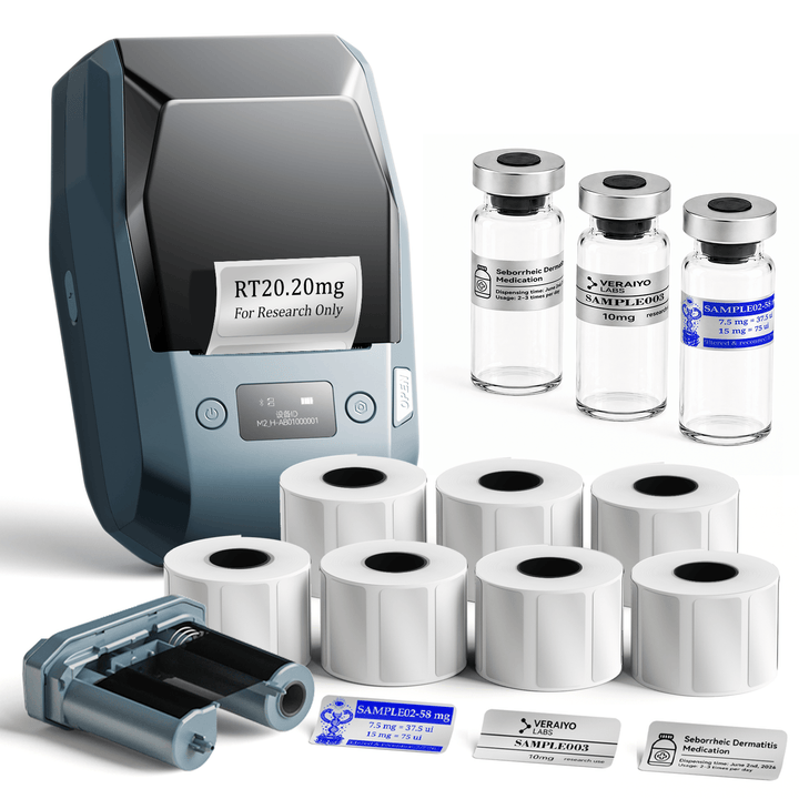 Lake Blue NIIMBOT M2 label printer with 7 rolls of 40 x 20 mm matte silver labels and 1 extra black ribbon