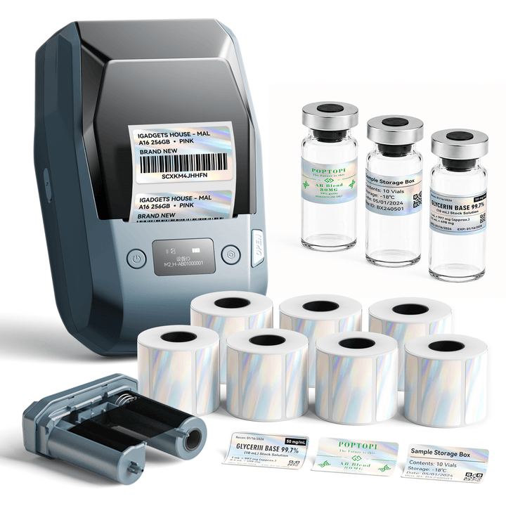 Lake Blue NIIMBOT M2 label printer with 7 rolls of 50 x 30 mm holographic labels and 1 extra black ribbon