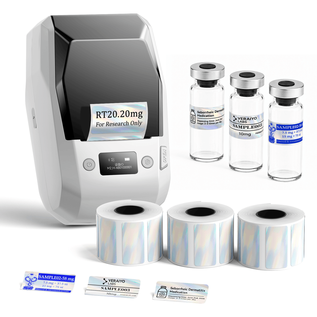 White NIIMBOT M2 label printer with 3 rolls of 40 x 20 mm holographic labels