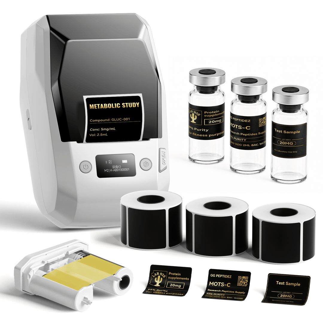 White NIIMBOT M2 label printer with 3 rolls of 40 x 40 mm gloss black labels and 1 extra gold ribbon