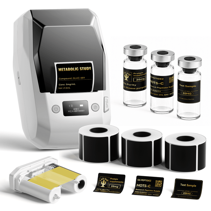 White NIIMBOT M2 label printer with 3 rolls of 40 x 40 mm gloss black labels and 1 extra gold ribbon