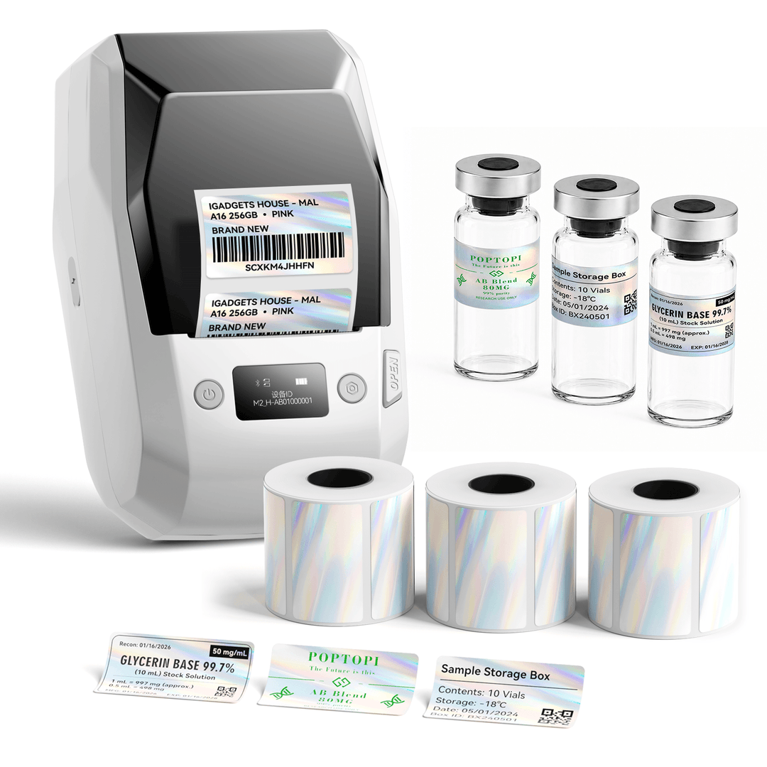 White NIIMBOT M2 label printer with 3 rolls of 50 x 30 mm holographic labels