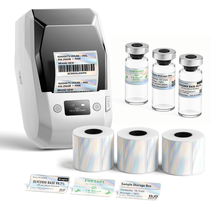 White NIIMBOT M2 label printer with 3 rolls of 50 x 30 mm holographic labels