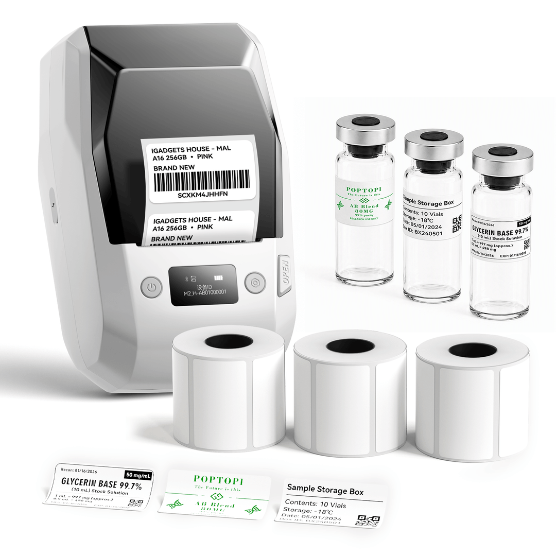 White NIIMBOT M2 label printer with 3 rolls of 50 x 30 mm white labels