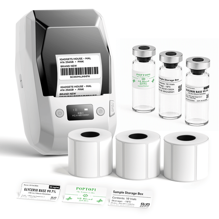 White NIIMBOT M2 label printer with 3 rolls of 50 x 30 mm white labels