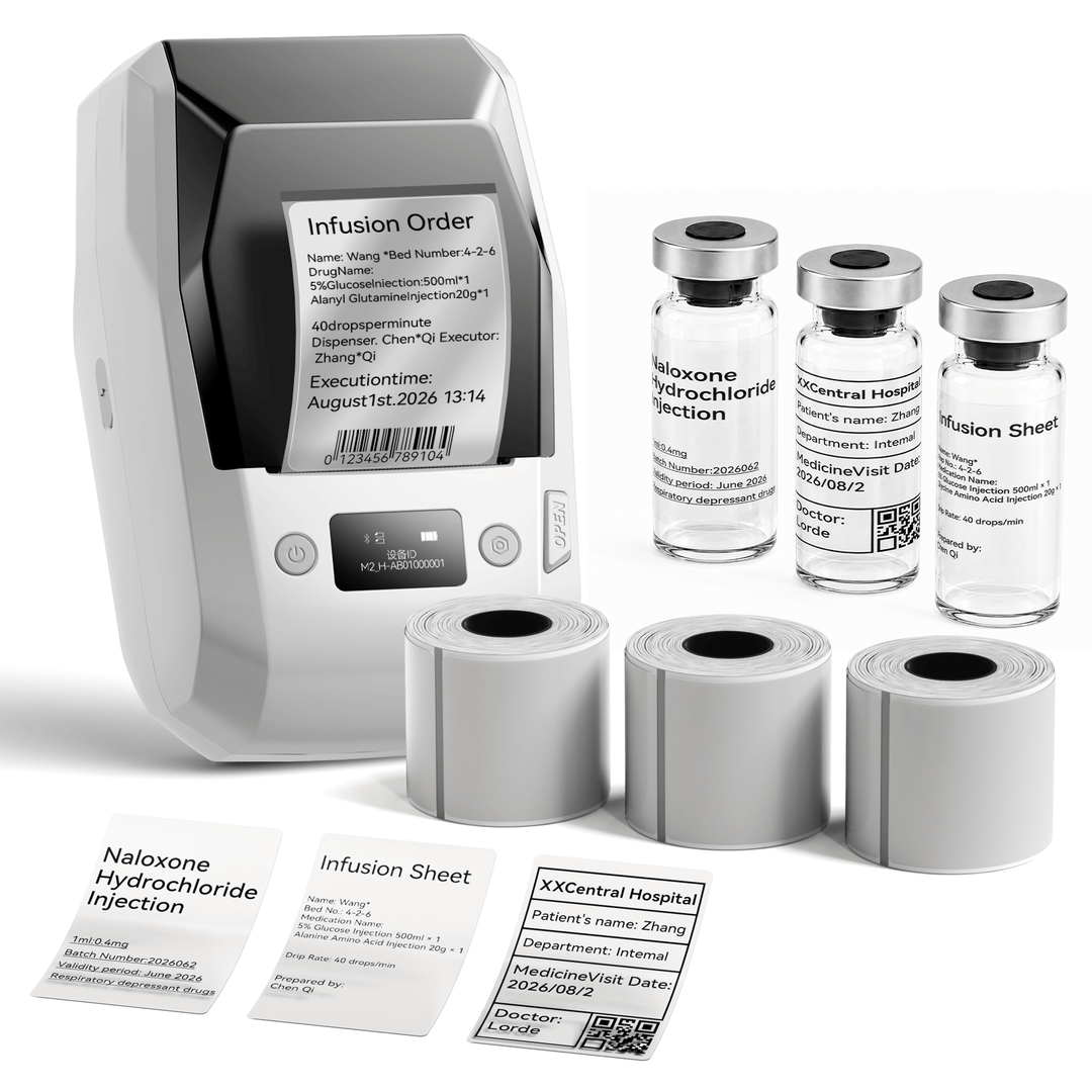 White NIIMBOT M2 label printer with 3 rolls of 50 x 80 mm clear labels