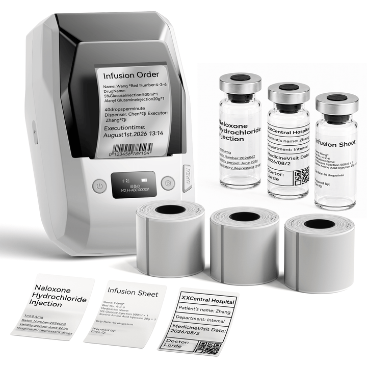 White NIIMBOT M2 label printer with 3 rolls of 50 x 80 mm clear labels