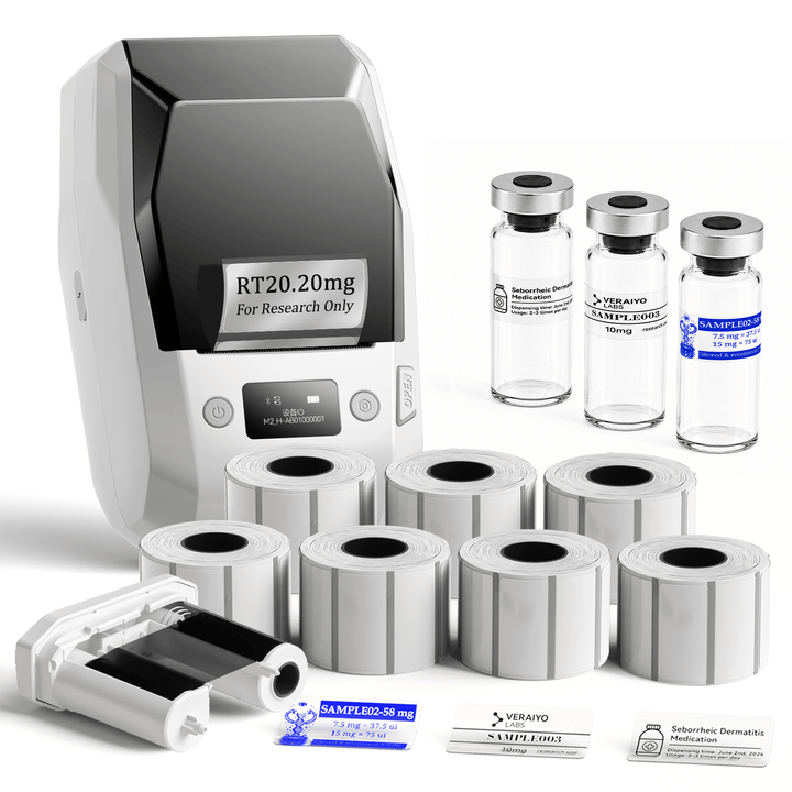 White NIIMBOT M2 label printer with 7 rolls of 40 x 20 mm clear labels and 1 extra black ribbon