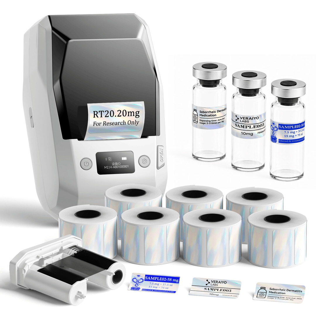 White NIIMBOT M2 label printer with 7 rolls of 40 x 20 mm holographic labels and 1 extra black ribbon