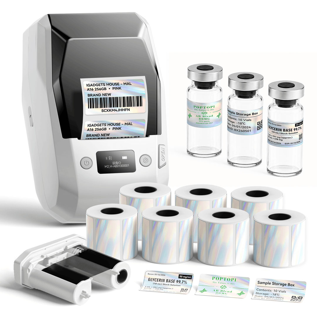 White NIIMBOT M2 label printer with 7 rolls of 50 x 30 mm holographic labels and 1 extra black ribbon