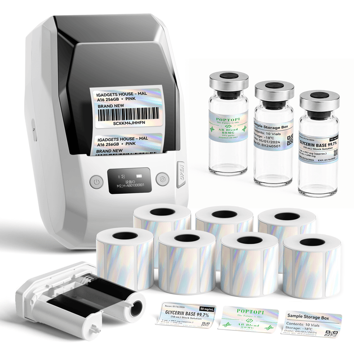 White NIIMBOT M2 label printer with 7 rolls of 50 x 30 mm holographic labels and 1 extra black ribbon