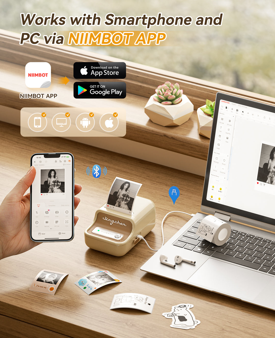Impresora de etiquetas NIIMBOT B21 Pro de 300 ppp, impresión de fotografías, conexión Bluetooth para notas, fotos, gráficos de estudio, creador de notas
